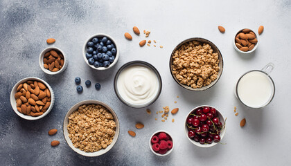 Healthy breakfast bowls with granola, yogurt, milk, berries, and almonds overhead