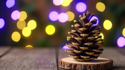 Natural brown pinecone with softly gilded tips standing on a wooden slice against warm festive bokeh lights in a blurred cozy interior. Concept of handmade holiday decoration