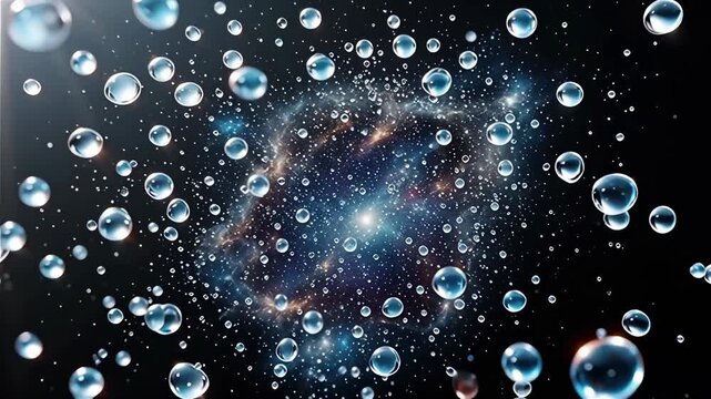 Numerous glowing water droplets exploding outwards against a dark background, creating an abstract liquid design.