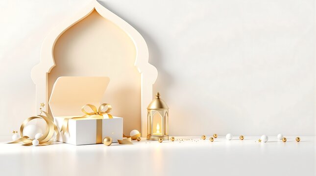 Ramadan kareem eid mubarak islamic background with lantern gift box and gold decoration for greeting card - Powered by Adobe