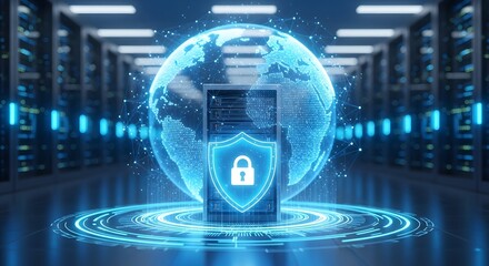 Digital globe with shield and padlock in server room