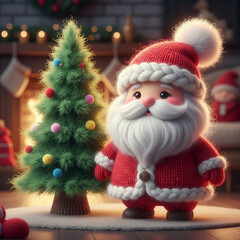 Stylized knitted Santa figure standing beside a fluffy Christmas tree, illuminated by warm festive lights. Soft handcrafted textures create a cozy holiday atmosphere.