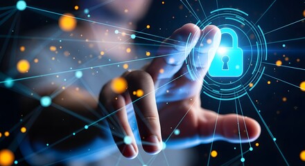 Hand reaching towards glowing digital padlock with network connections