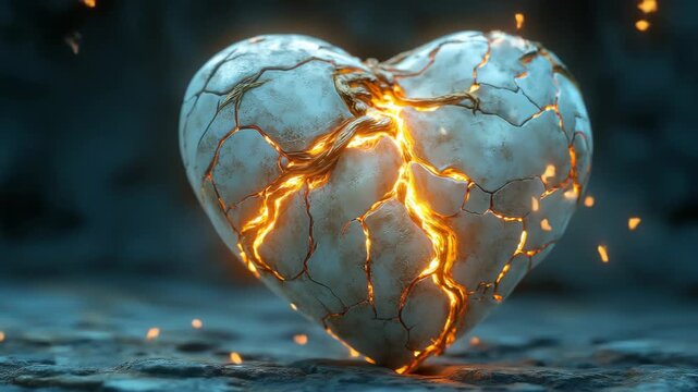 Glowing cracked stone heart burning with lava fire for dramatic breakup music video valentine day background and emotional pain resilience concept