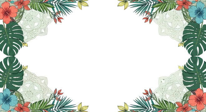 Tropical Floral Frame with Monstera Leaves and Hibiscus Flowers.