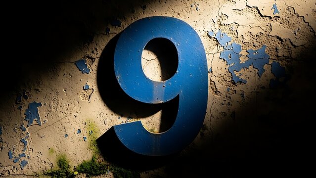 Find blue number nine on weathered wall texture background for graphic design element