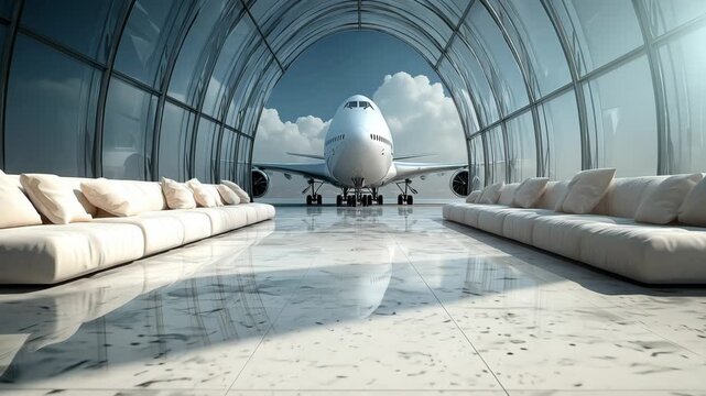 Luxury airport lounge interior with comfortable white sofas and view of commercial airplane jet through glass window background business travel vip terminal concept
