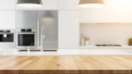 Wooden kitchen countertop product display mock up with modern kitchen background
