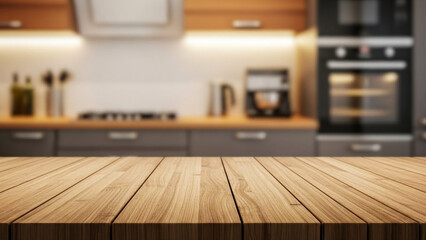 Kitchen background with wooden table for food product display mockup design
