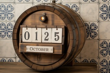 Octoberfest countdown calendar made from a wooden barrel with date