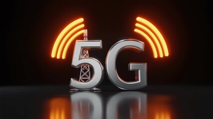 3d metallic 5g symbol with glowing orange signal waves and antenna tower on dark reflective surface technology - Powered by Adobe