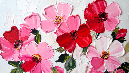 Hand-drawn oil painting of pink red flowers on white canvas, palette knife texture, bold brushstrokes