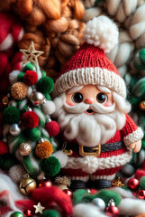 Stylized yarn-art Santa Claus figure sitting in a cozy armchair, surrounded by festive decorations and soft knitted textures. Warm handcrafted Christmas scene in soft light.