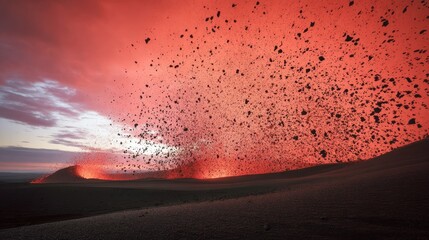 capitulating. Volcanic eruption launching rocks into a dark red sky, dramatic natural scene. travel magazines, destination branding, designed for travel destination branding, used by store managers.