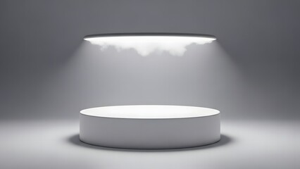Empty white podium illuminated by spotlights on a gray background