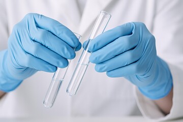Scientist with Blue Gloves Conducting Experiment with Test Tubes in Laboratory