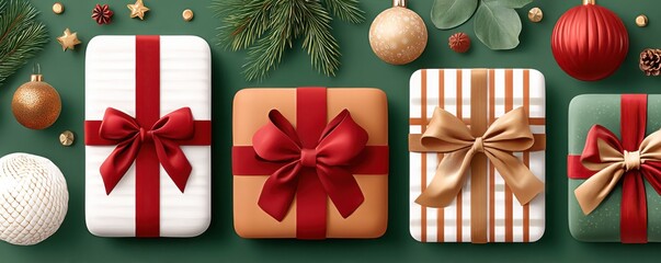 Christmas gift boxes with red and gold ribbons on a green background, festive holiday decor