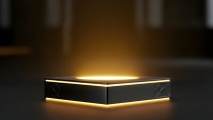Illuminated pedestal with golden light beam in dark room