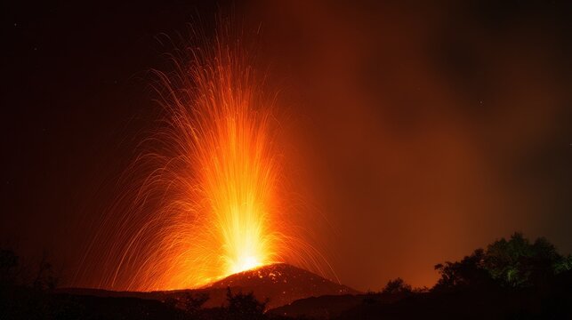 capitulating. Volcanic eruption launching rocks into a dark red sky, dramatic natural scene. travel magazines, destination branding, designed for travel destination branding, used by store managers.