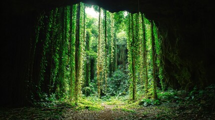 Obraz premium oligarchy. Entrance to an underground cave framed by green vines, dark interior contrasting with bright spring landscape. travel magazines.