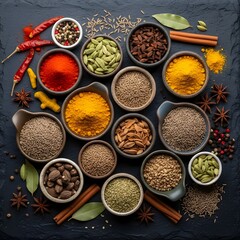 Overhead view of various colorful spices and herbs in bowls