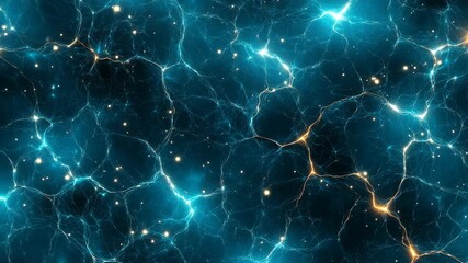 Abstract glowing blue neural network background backdrop with golden electric lightning veins particles brain synapse data flow technology science energy concept