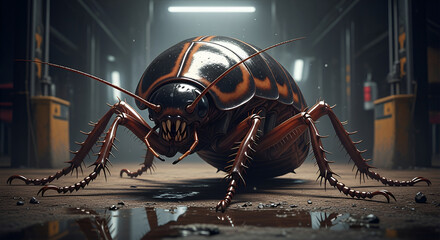 Image is a high-resolution digital artwork depicting a large, menacing insect-like creature in a dimly lit, industrial setting. The creature resembles a giant cockroach with a shiny, segmented exoskel
