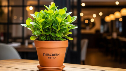 Evergreen bistro plant in pot restaurant decor table setting interior design