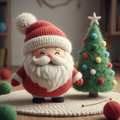 Stylized knitted Santa figure standing beside a fluffy Christmas tree, illuminated by warm festive lights. Soft handcrafted textures create a cozy holiday atmosphere.