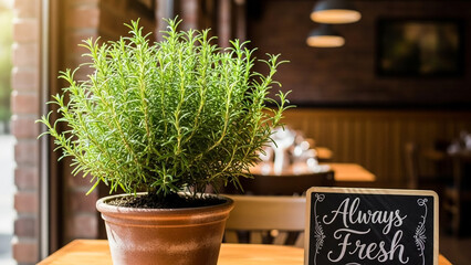 Fresh rosemary plant in pot on restaurant table always fresh herbs concept