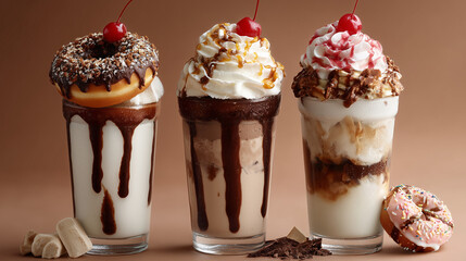 Three decadent milkshakes with toppings and cherries against a brown colored background