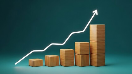 Cardboard boxes stacked in a growing bar chart with upward trend line