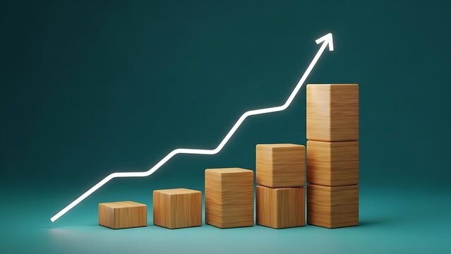 Cardboard boxes stacked in a growing bar chart with upward trend line
