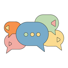 Cluster of colorful speech bubbles with play buttons and dots chat message