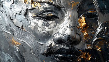 Eternal Serenity: The face of the statue embodies the essence of peace and tranquility, a striking display of artistic expression in metal and gold, evoking contemplation.