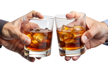 Two hands holding glasses of whiskey with ice cubes in a celebratory toast against a black background