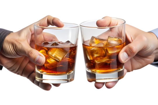 Two hands holding glasses of whiskey with ice cubes in a celebratory toast against a black background