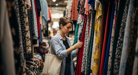 Browsing diverse clothing selection at a vibrant marketplace filled with unique textures and