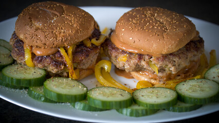 ready to eat and served on a white plate - homemade burger from venison, from a roebuck, with vegetable