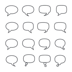 Collection of sixteen different outline speech bubble shapes on white background talk conversation