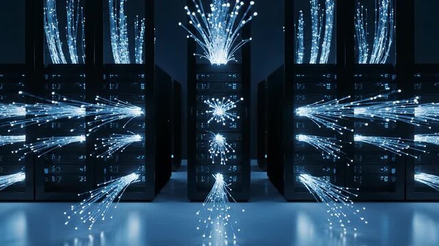 A data center depicts servers with emanating light trails. Blue fiber optic cables burst from equipment, representing data flow