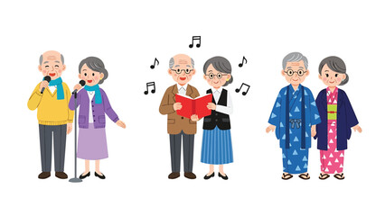 Joyful elderly couples enjoy hobbies together isolated on transparent background illustration