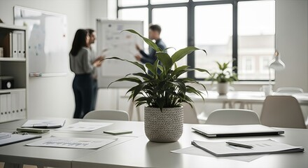 Collaborative workspace featuring a strategic meeting amidst a bright modern office setting