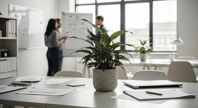 Collaborative workspace featuring a strategic meeting amidst a bright modern office setting