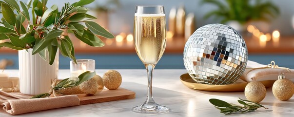 New Year celebration scene with champagne glass, disco ball, and festive decor on an elegant white table