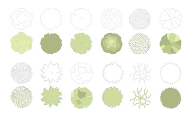 Top view trees for architectural plans and landscape design. Minimal vector illustration for urban planning, site plans, and architectural entourage.