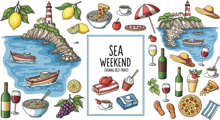 Summer sea weekend illustration with lighthouse boats food and drinks elements