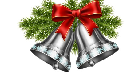 Christmas silver bells with red bow and pine branches holiday decoration