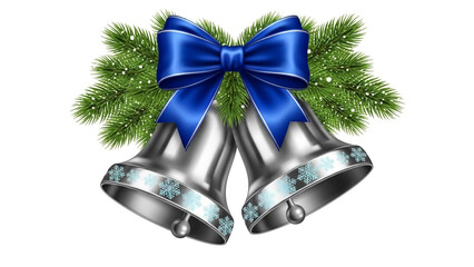 Silver christmas bells with blue bow and pine branches holiday illustration