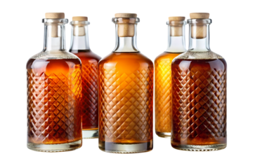 Group of patterned glass bottles filled with amber liquid and sealed with cork stoppers on black backdrop